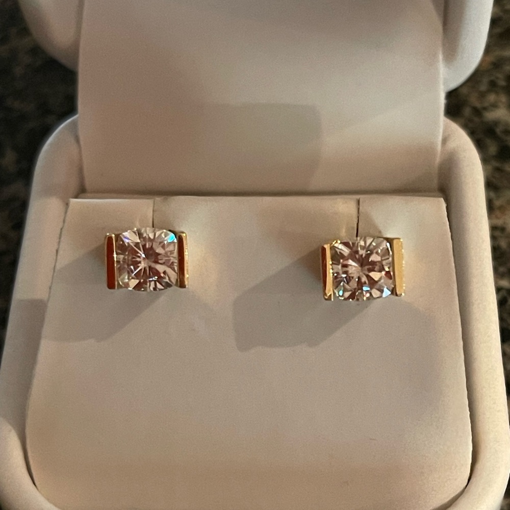 Fine Custom Made Cushion Cut Moissanite Earrings Solid 14K Yellow Gold